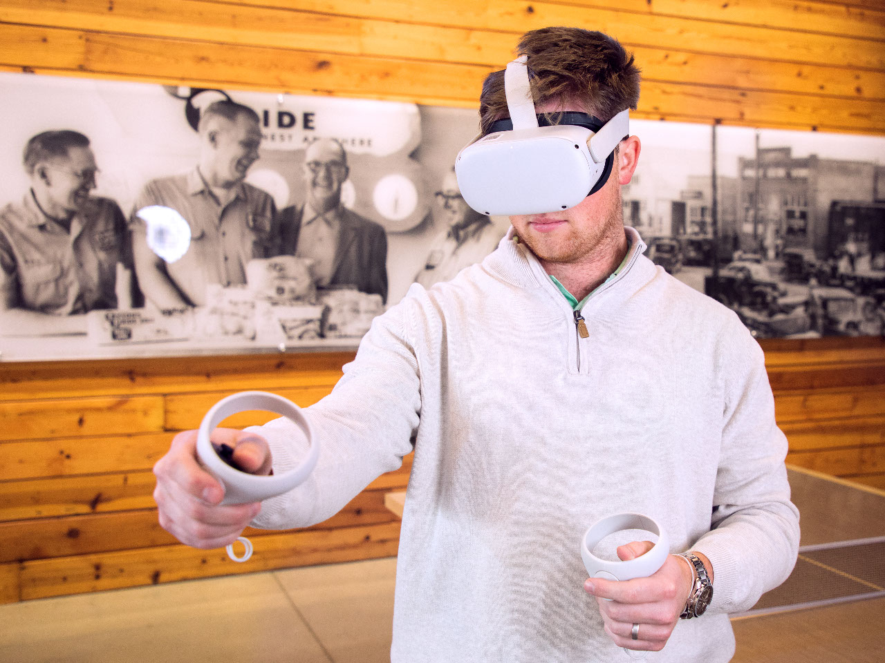 This is a photo of a man wearing a VR helmet.